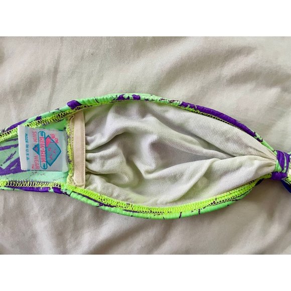Vintage 80s Strapless Bikini Top by Rik Rik size S in Neon Green & Purple Retro - Picture 7 of 9
